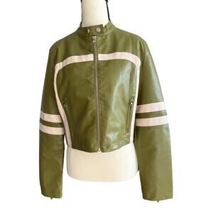 Y2K Green Cropped Moto Biker Jacket White Racing Stripe Zip Front Women’s Small